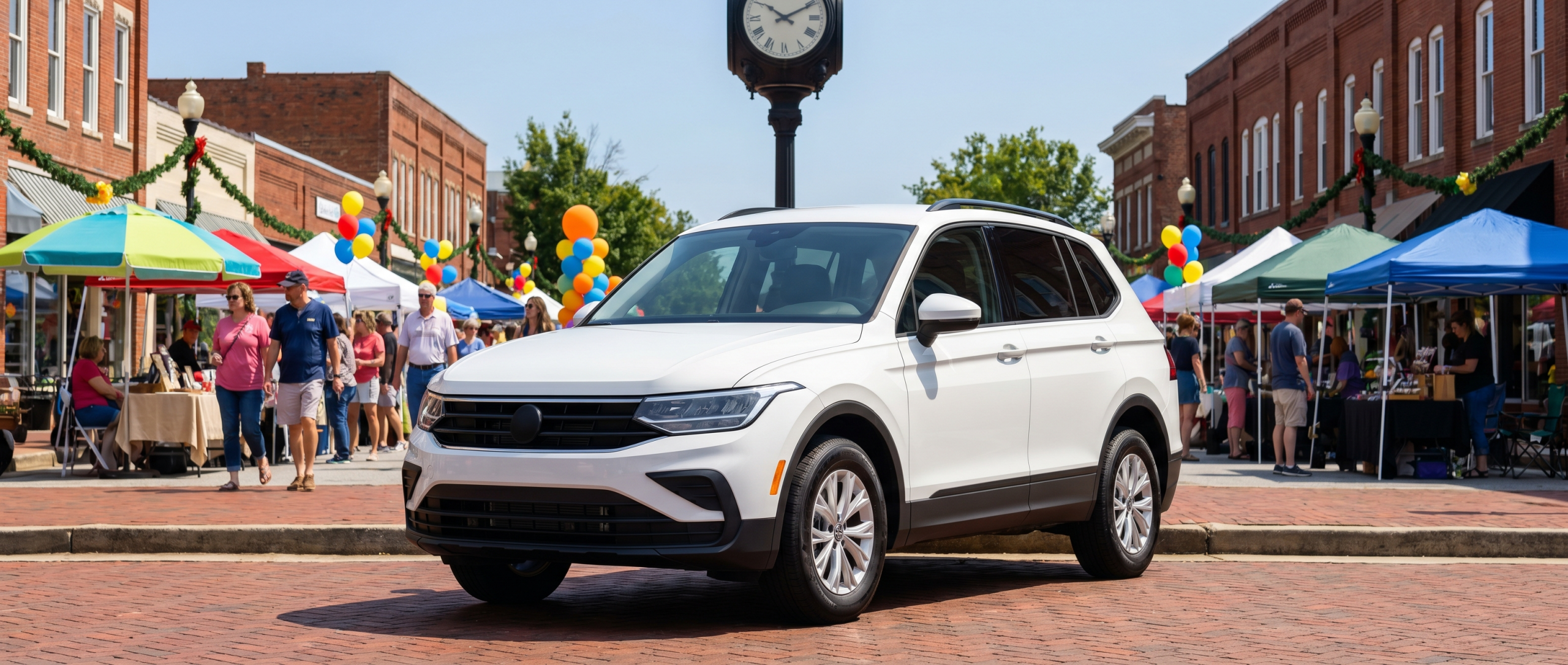 White Volkswagen Tiguan parked near Morgan Square in downtown Spartanburg.