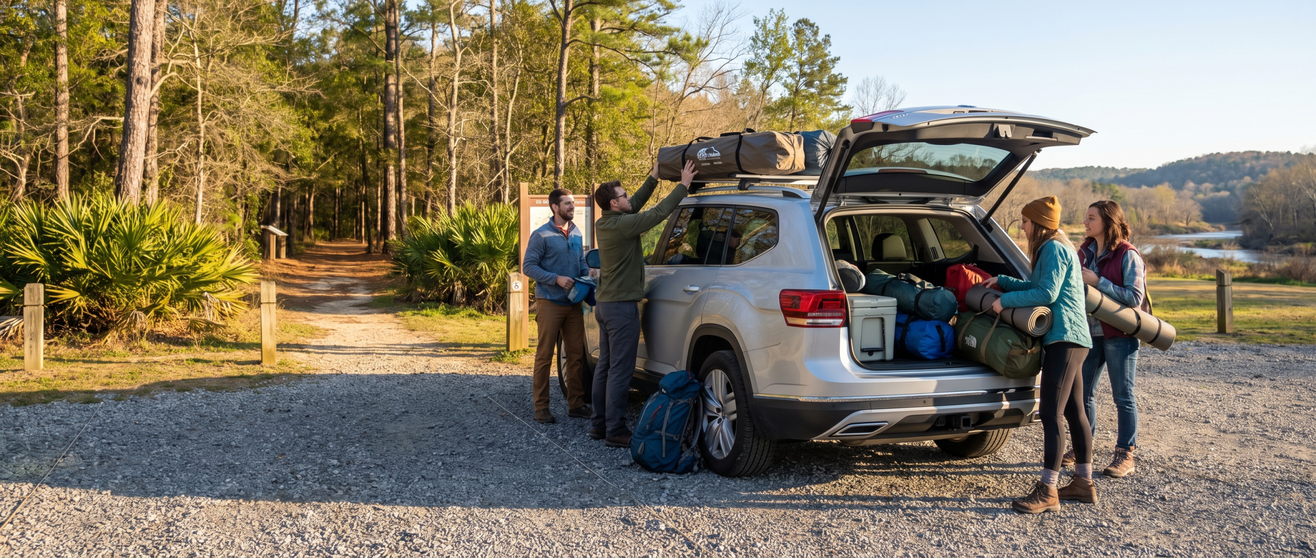 Volkswagen Atlas and Tiguan parked near a Spartanburg SC trailhead for a weekend outdoor adventure