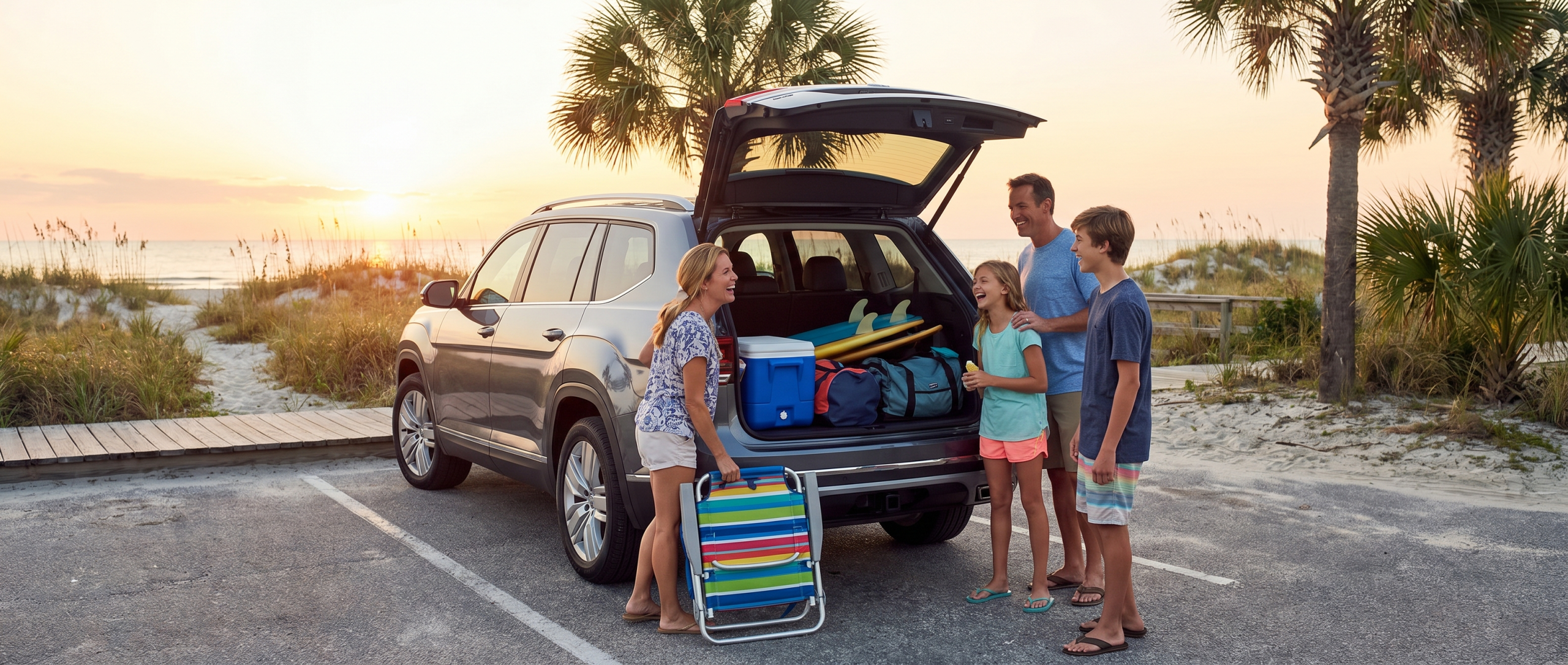 Volkswagen Atlas packed for beach trip from Spartanburg SC to South Carolina coast