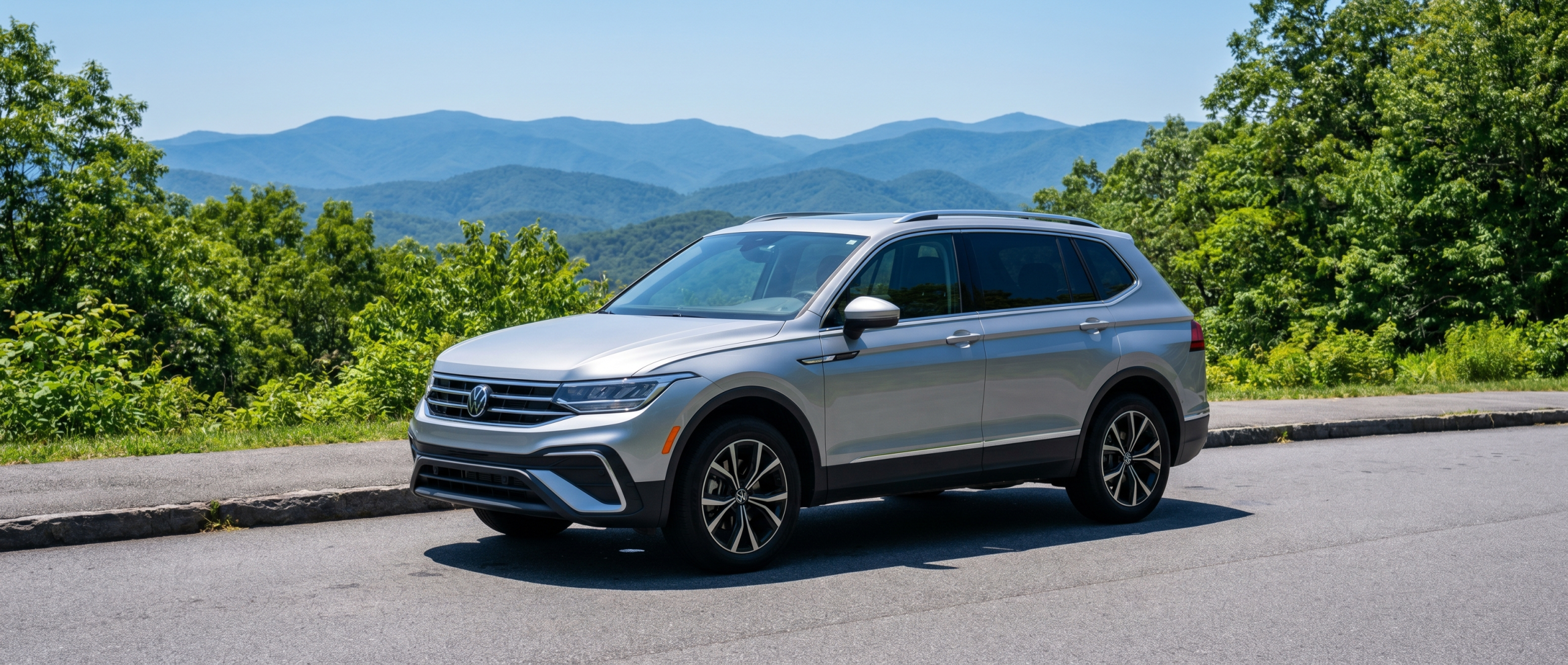 Volkswagen Tiguan on mountain road near Asheville NC from Spartanburg SC summer travel
