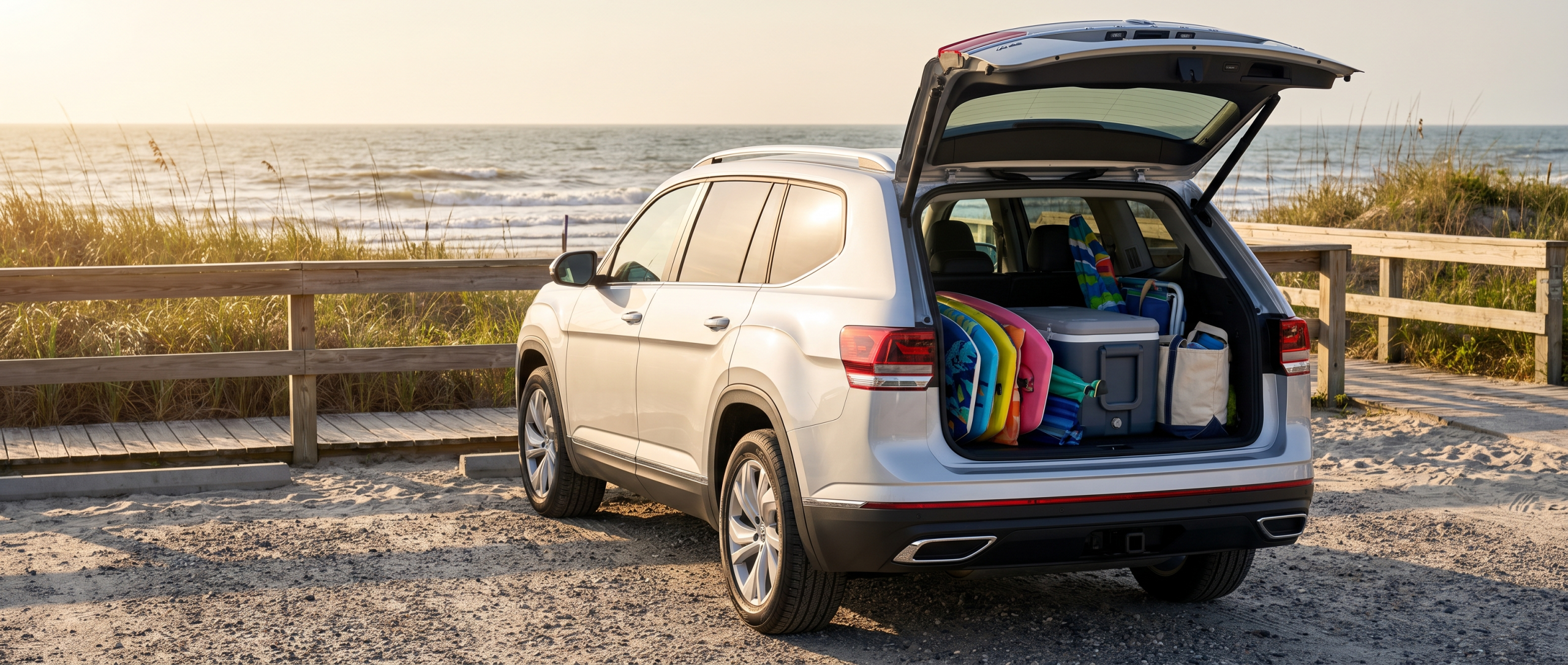 2026 Volkswagen Atlas at a South Carolina beach with liftgate open and beach gear loaded inside