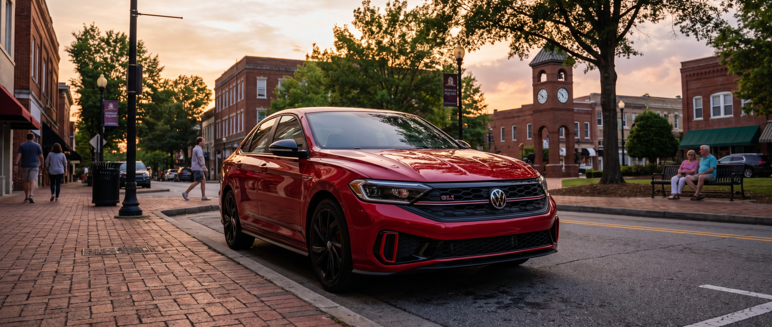 2026 Volkswagen Jetta GLI Autobahn in Kings Red Metallic at dusk in downtown Spartanburg SC