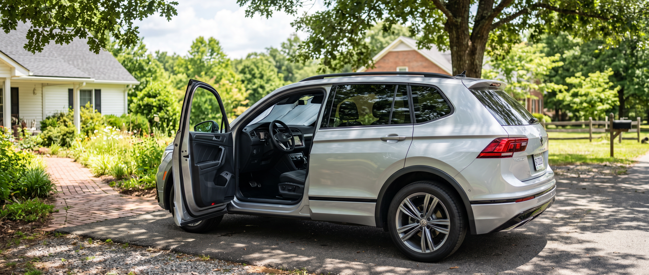 2026 Volkswagen Tiguan interior in shade with windshield sunshade during Spartanburg SC summer