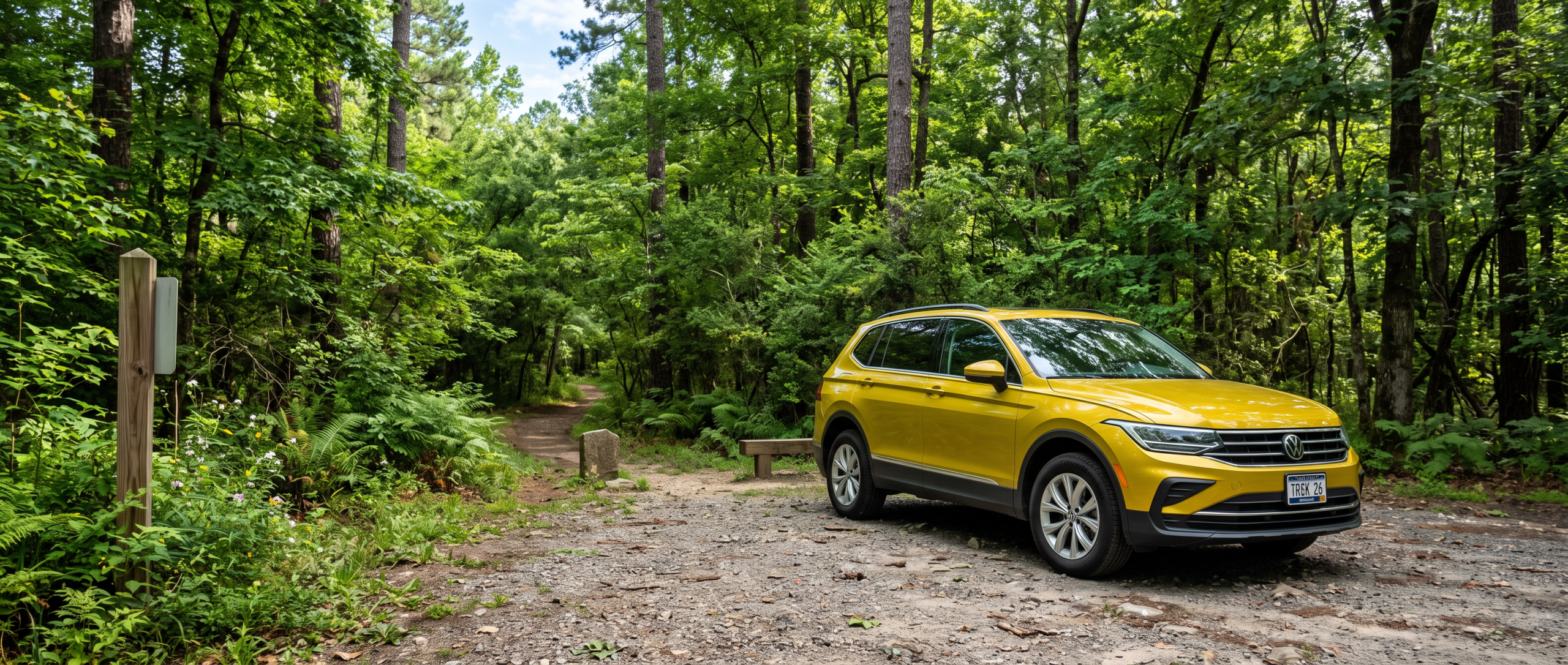 2026 Volkswagen Tiguan rear liftgate open with dog crate loaded at Croft State Park trailhead in Spartanburg, SC