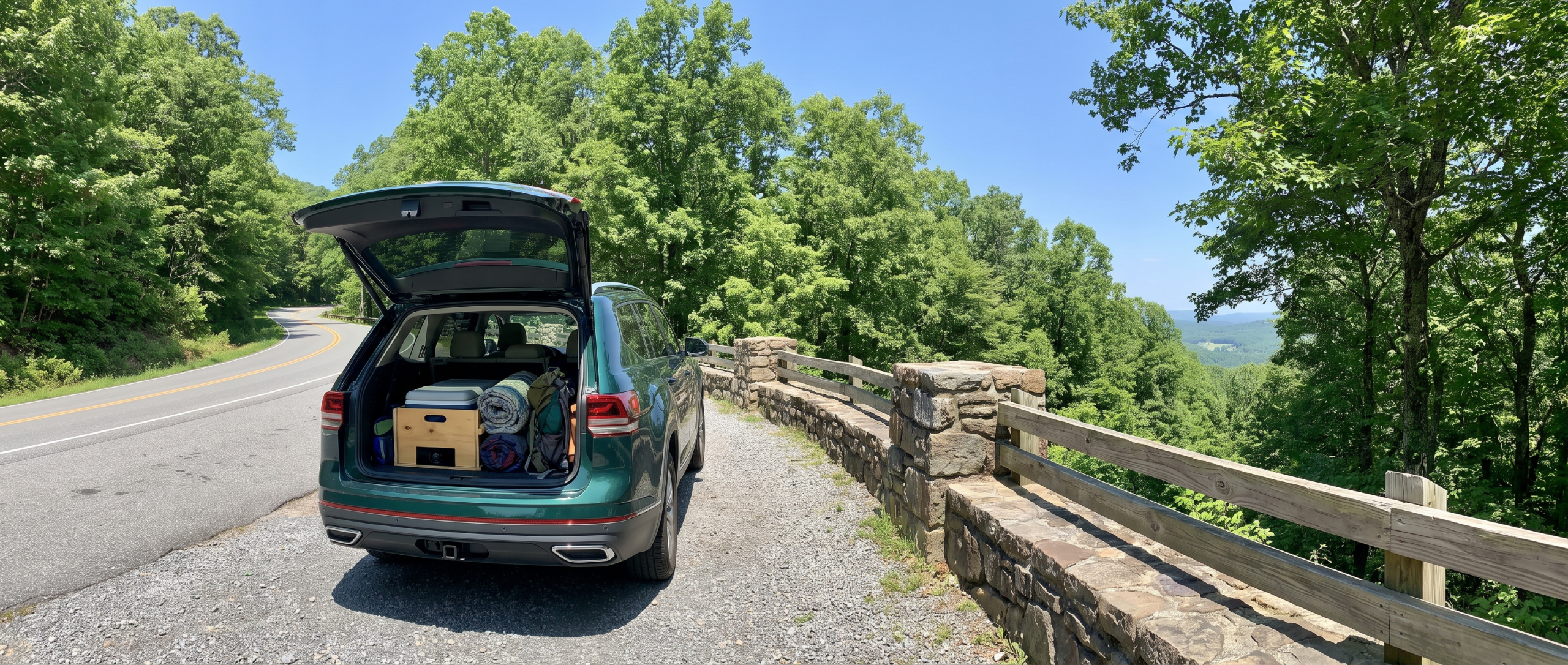 Volkswagen SUV with open liftgate packed for a summer road trip on SC Highway 11 in Upstate South Carolina