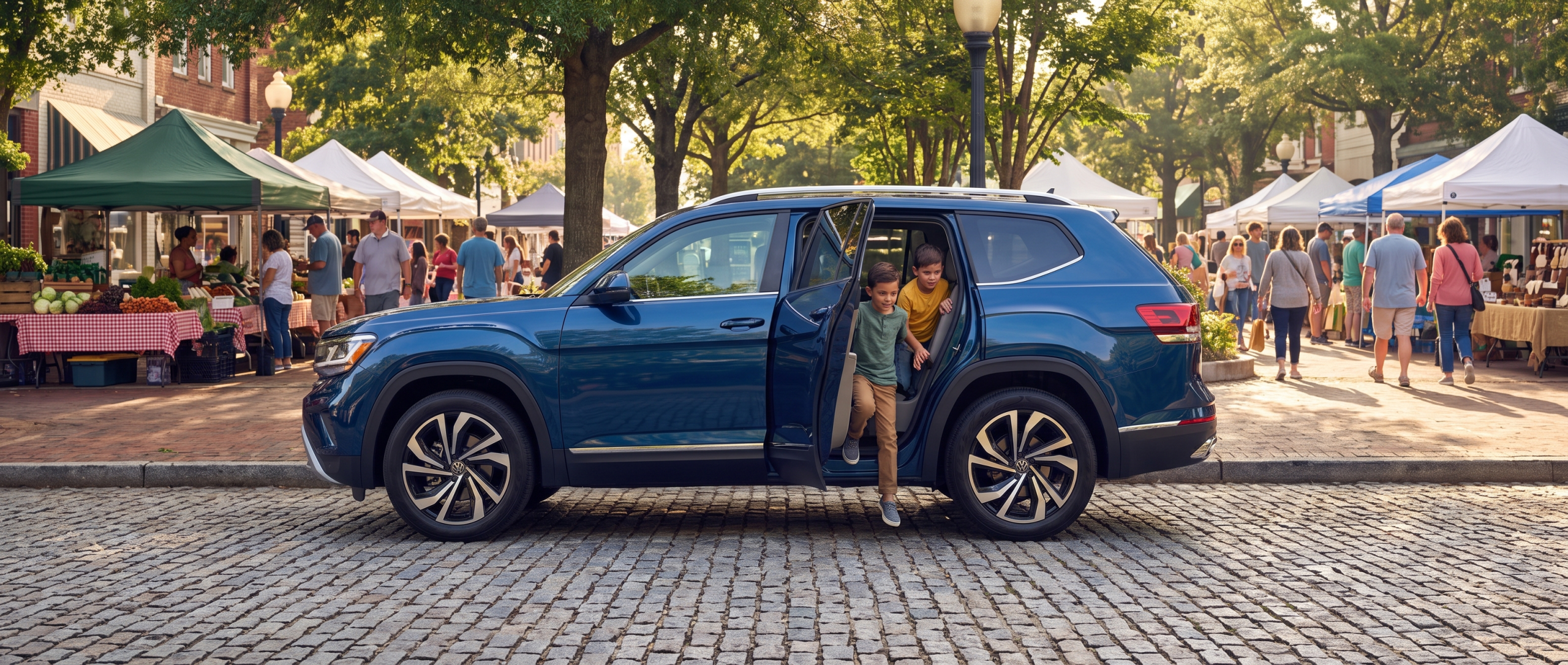 2026 Volkswagen Atlas parked near Hub City Farmers Market in downtown Spartanburg on a Saturday morning