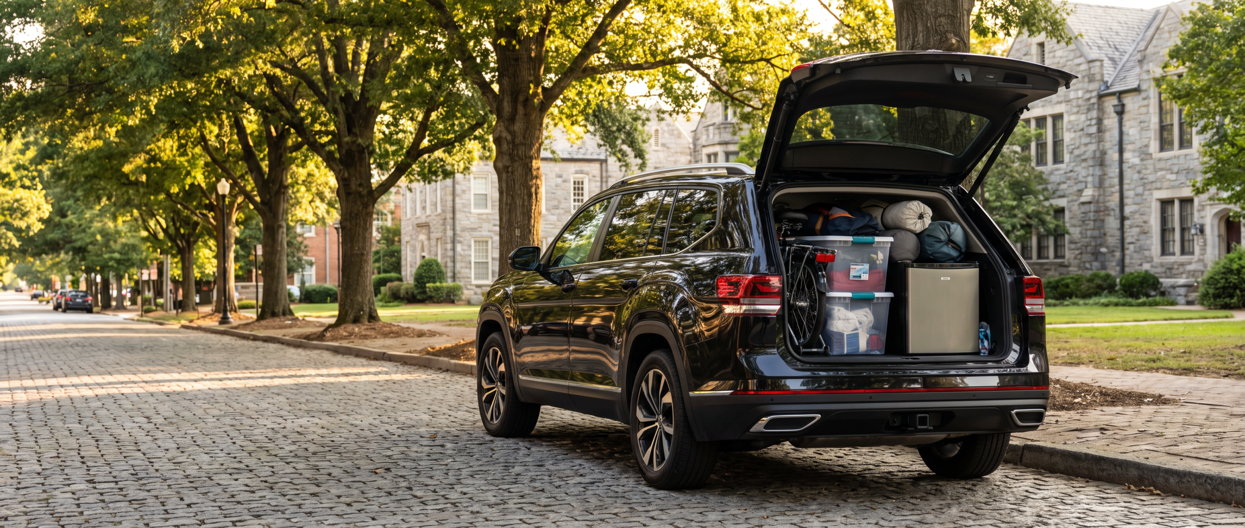 2026 Volkswagen Atlas with rear liftgate open and cargo loaded for Wofford College move-in day in Spartanburg, SC