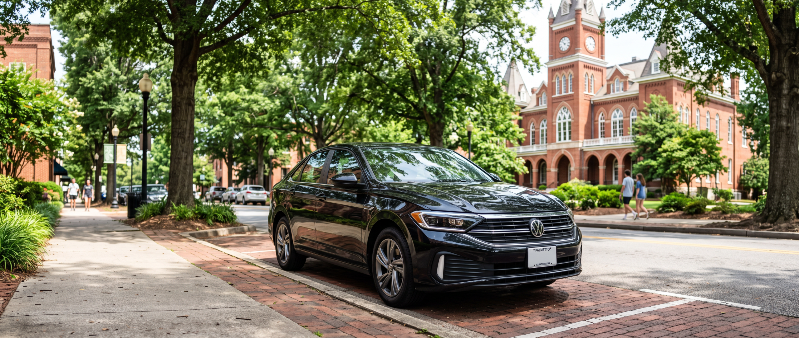 2026 Volkswagen Jetta on a downtown Spartanburg street near Converse University campus in summer