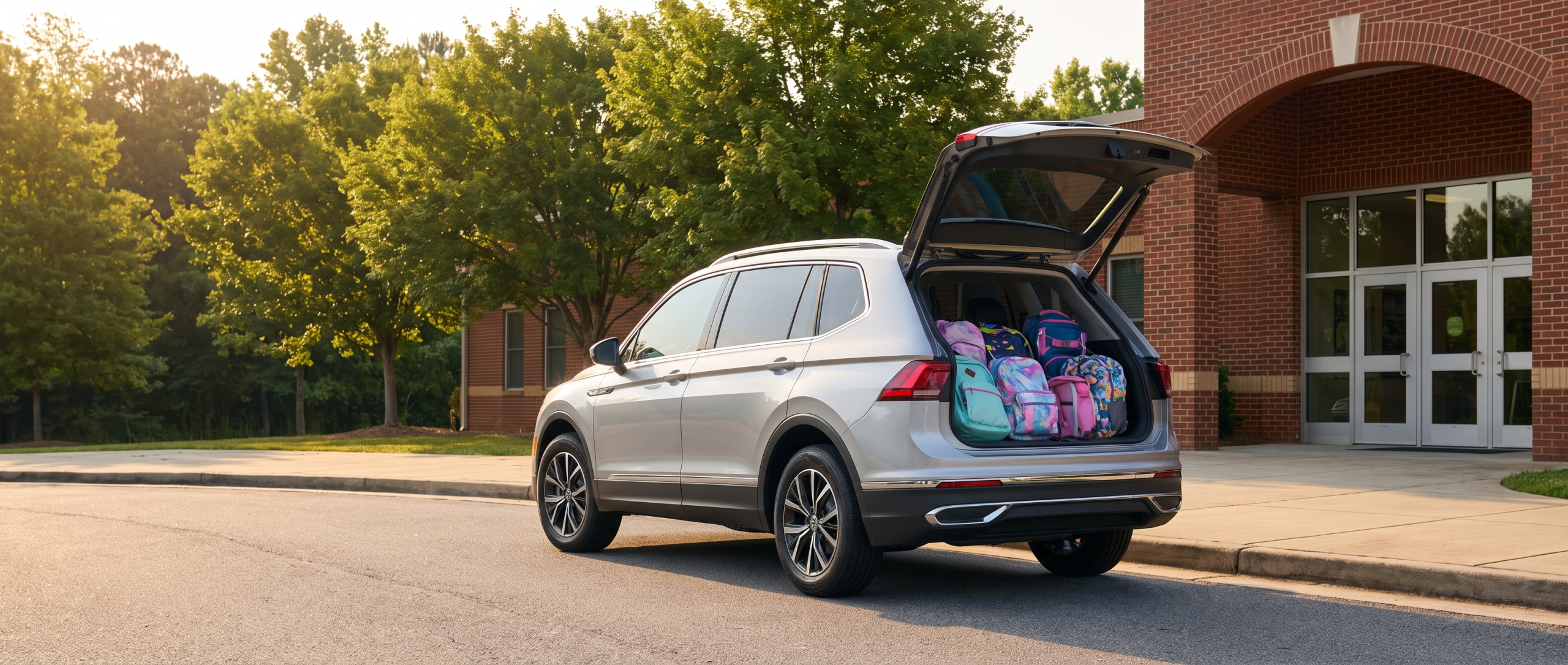 2026 Volkswagen Tiguan at a Boiling Springs SC school drop-off, cargo area open with school gear loaded, warm August morning