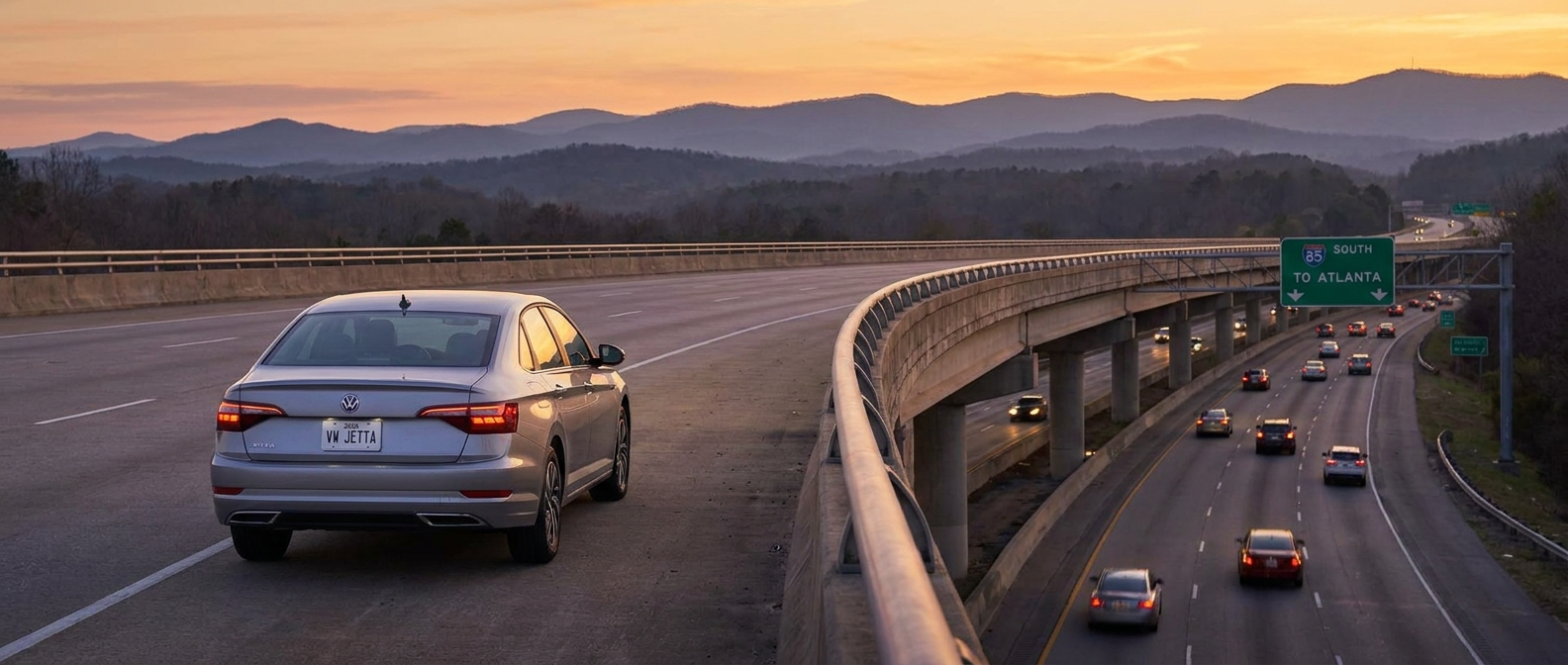 2026 Volkswagen Jetta on a Spartanburg, SC overpass with I-85 and Blue Ridge foothills in the background