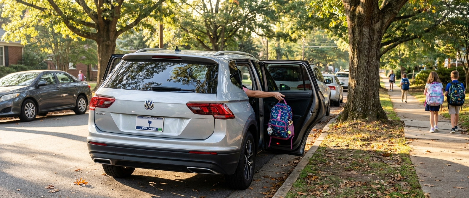 2022 Volkswagen Tiguan parked for school carpool drop-off on a Spartanburg, SC neighborhood street