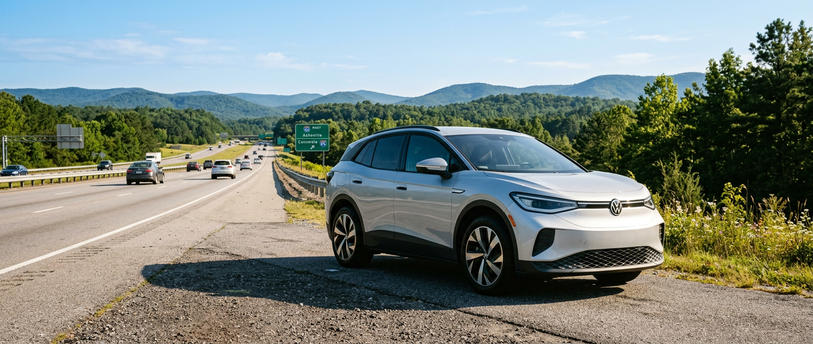 2026 Volkswagen ID.4 on an Upstate South Carolina highway with Blue Ridge foothills in the background
