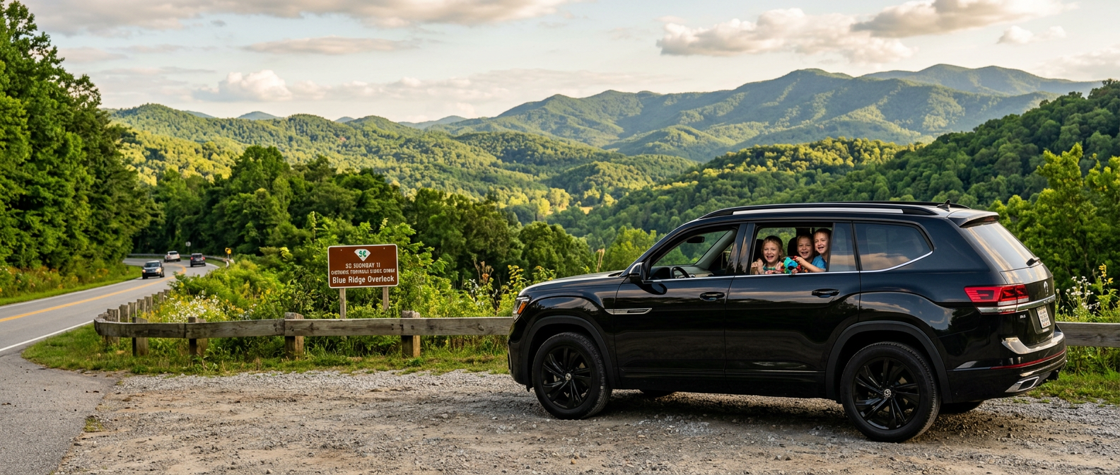 2026 Volkswagen Tiguan on SC Highway 11 with Blue Ridge foothills in the background