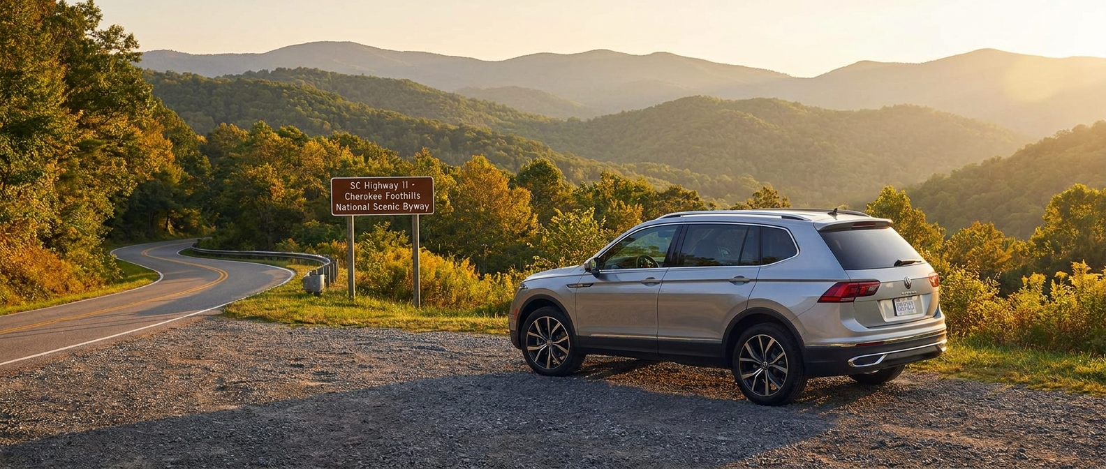 A 2026 Volkswagen Tiguan in silver parked on a scenic overlook along SC Highway 11 with the Blue Ridge foothills visible in the background, late-summer afternoon light