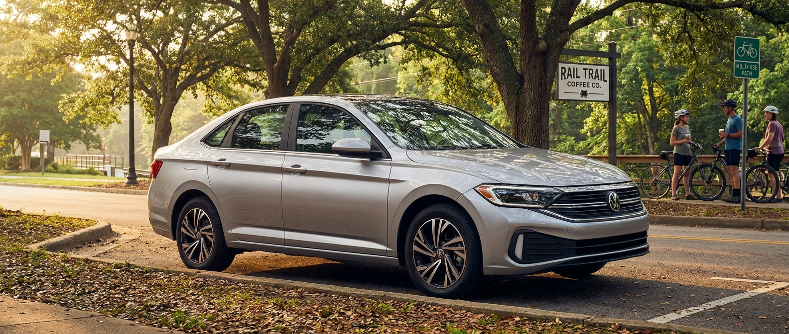 2026 Volkswagen Jetta parked near Little River Roasting Co. Fretwell district, Spartanburg SC, summer morning