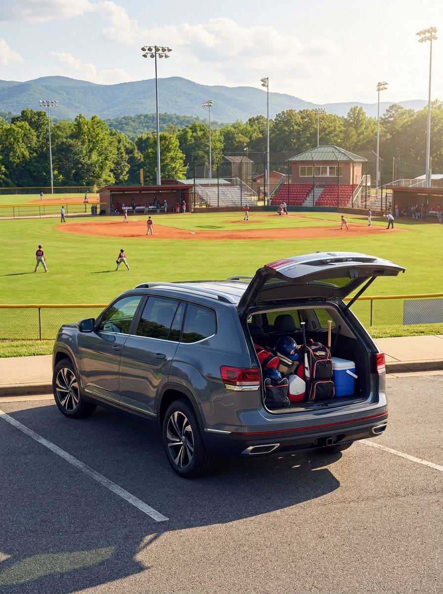 2026 Volkswagen Atlas with open liftgate at a Spartanburg-area youth baseball complex, loaded with sports gear