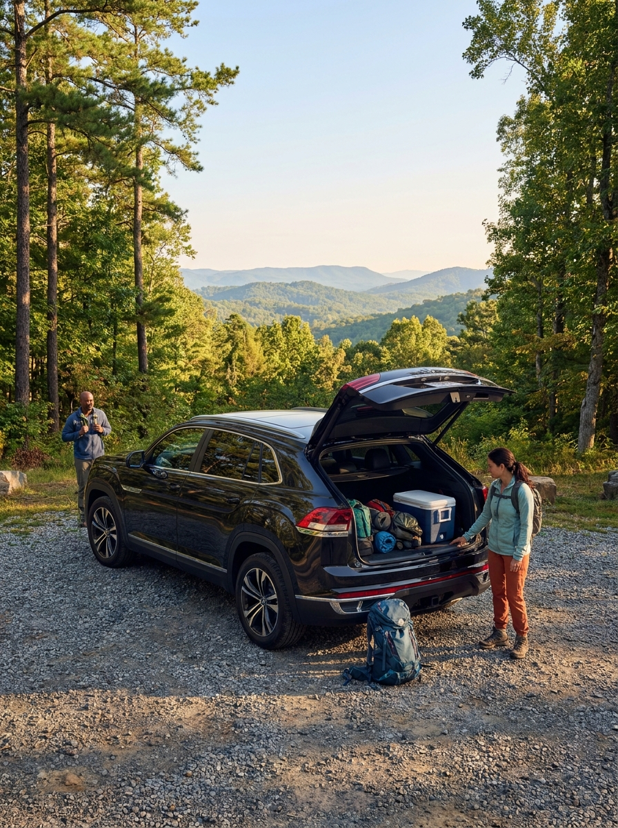 2026 Volkswagen Atlas Cross Sport parked at a Blue Ridge foothills trailhead in Spartanburg, SC, rear cargo area open on a summer morning