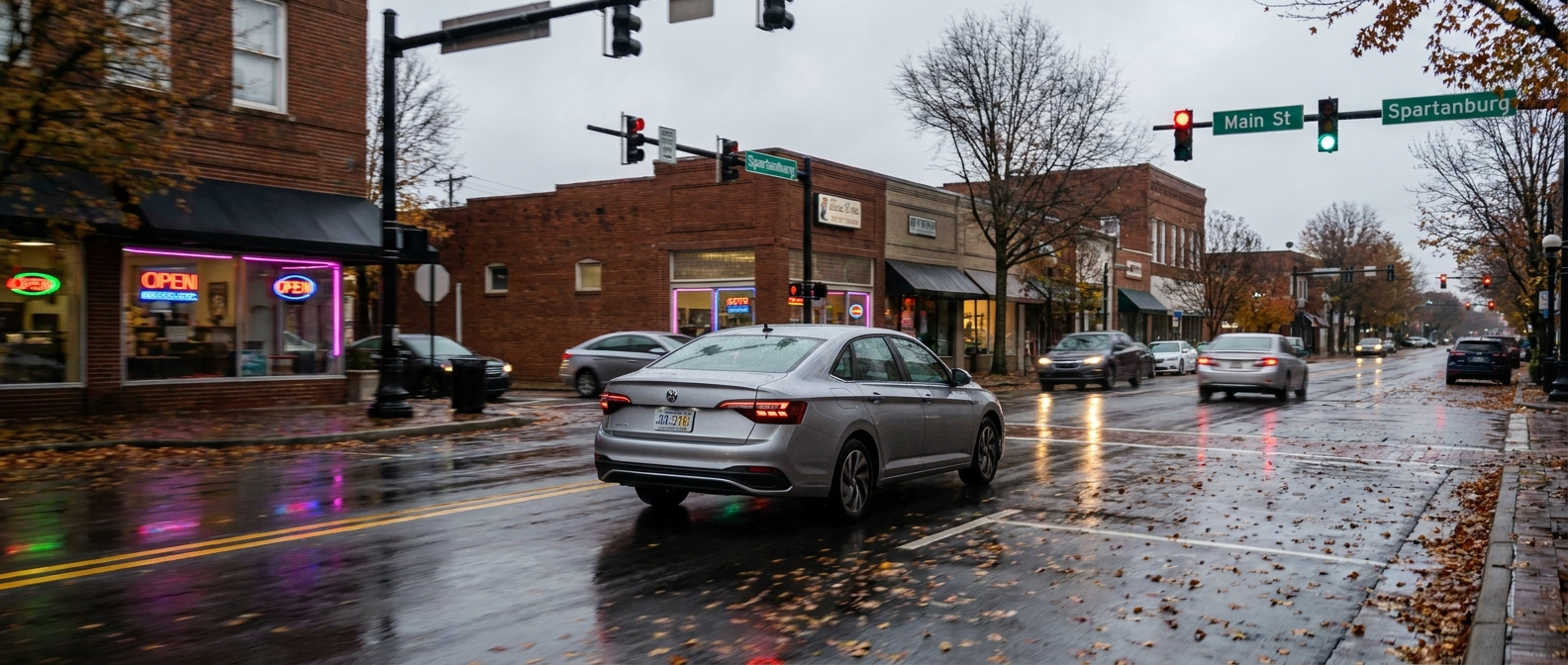 2026 Volkswagen Jetta driving on a wet Reidville Road corridor in Spartanburg SC on an overcast October morning