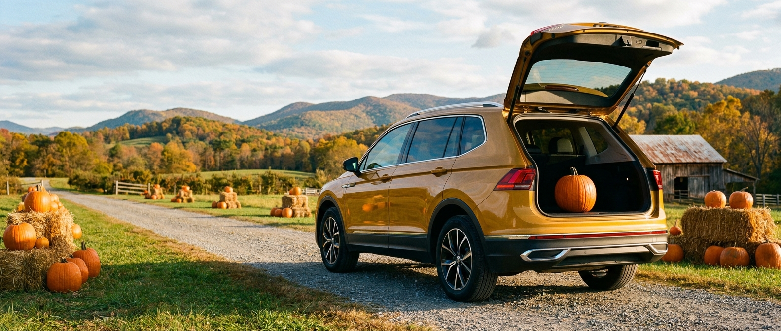 2026 Volkswagen Tiguan parked at a pumpkin patch farm lane in Upstate South Carolina with Blue Ridge foothills in the background