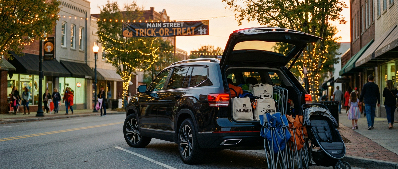 2026 Volkswagen Atlas with liftgate open packed with Halloween event gear in downtown Spartanburg SC at dusk