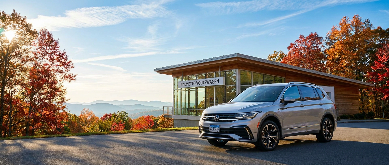 2026 Volkswagen Tiguan certified pre-owned at a Spartanburg, SC dealership with Blue Ridge foothills in background