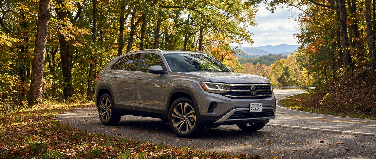 2026 Volkswagen Atlas Cross Sport on an Upstate South Carolina road near Spartanburg with Blue Ridge foothills in the background