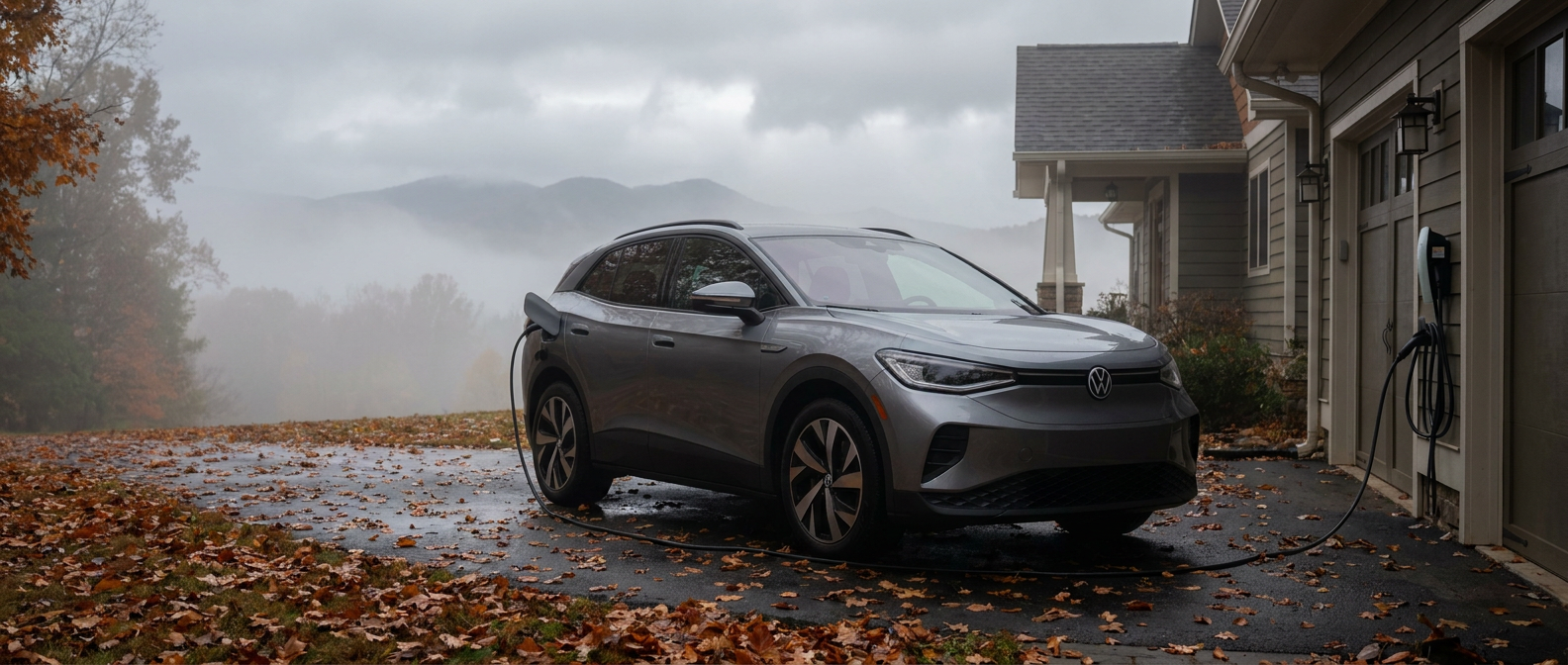2026 Volkswagen ID.4 on a cool autumn morning in Spartanburg, South Carolina, with Blue Ridge foothills in the background