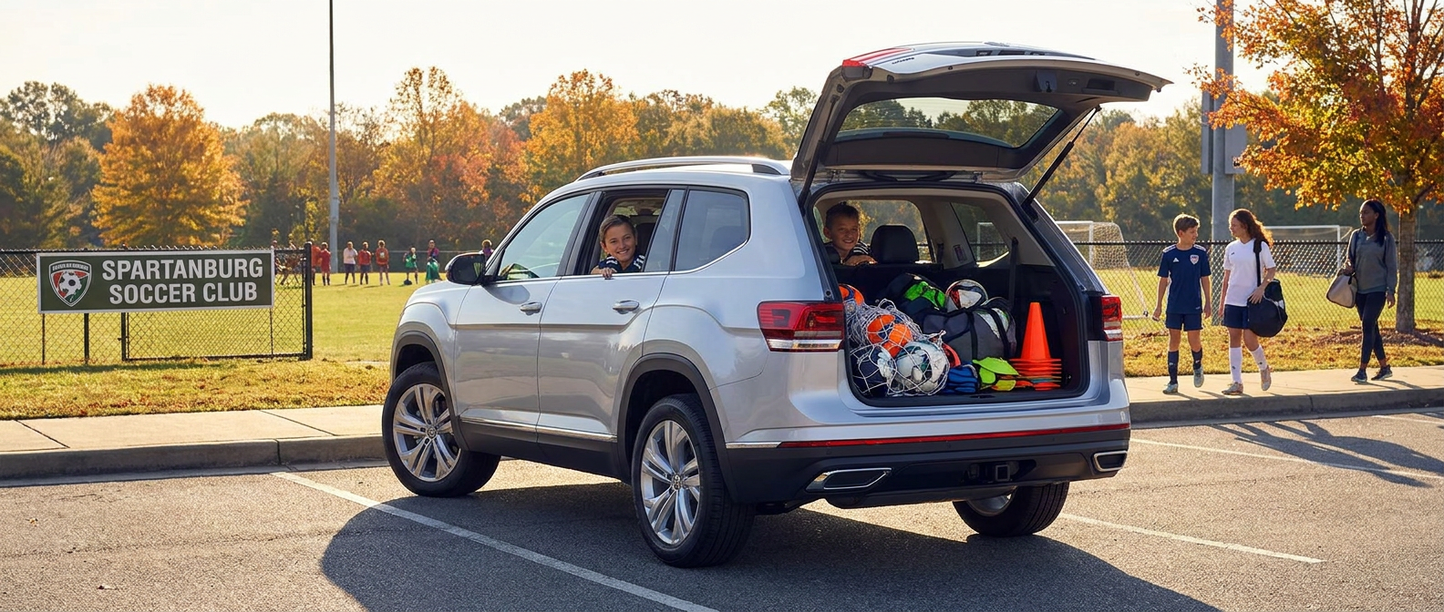 2026 Volkswagen Atlas rear hatch open with soccer gear at a Spartanburg SC soccer field