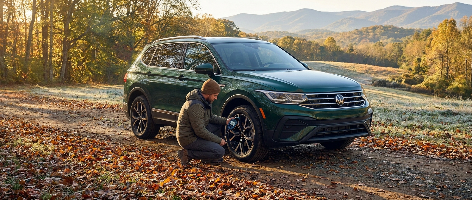 2026 Volkswagen Tiguan tire pressure check on a fall morning in Spartanburg County, SC