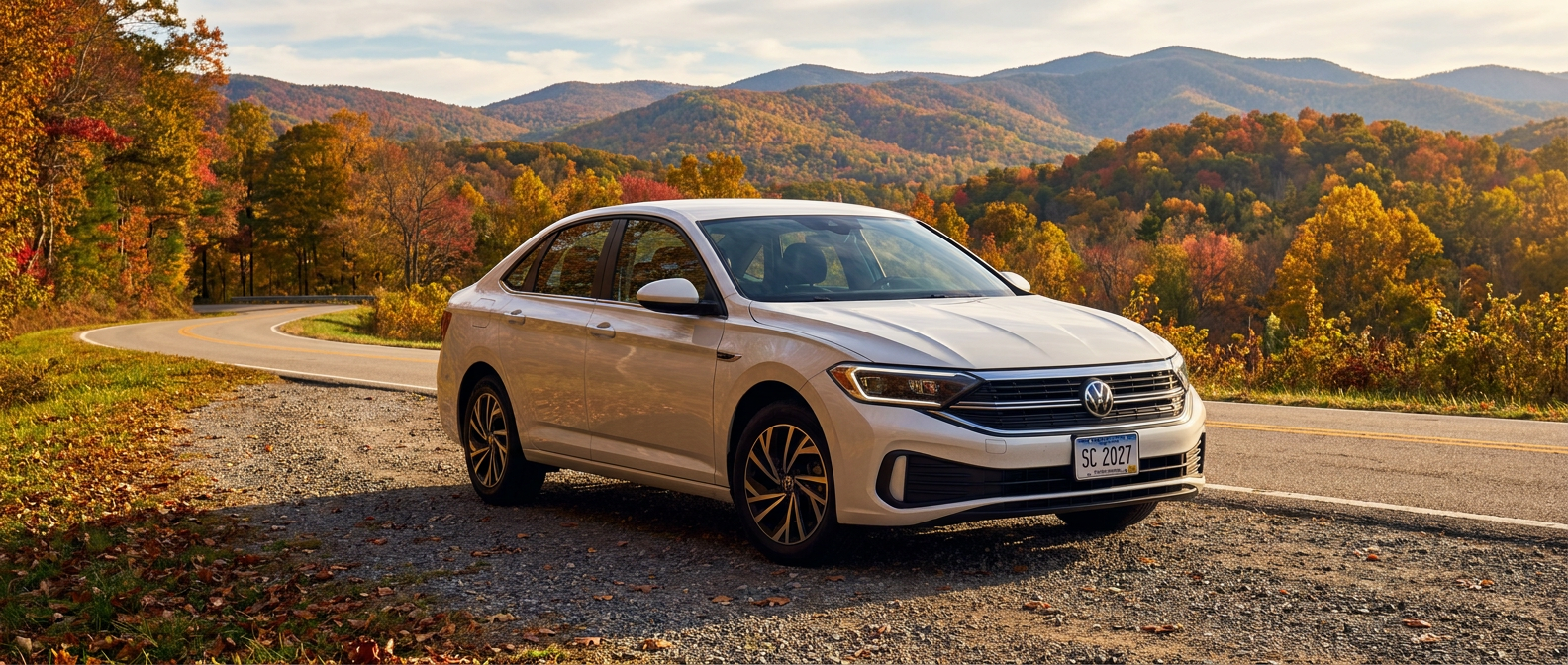 2027 Volkswagen Jetta on an Upstate South Carolina road near the Blue Ridge foothills