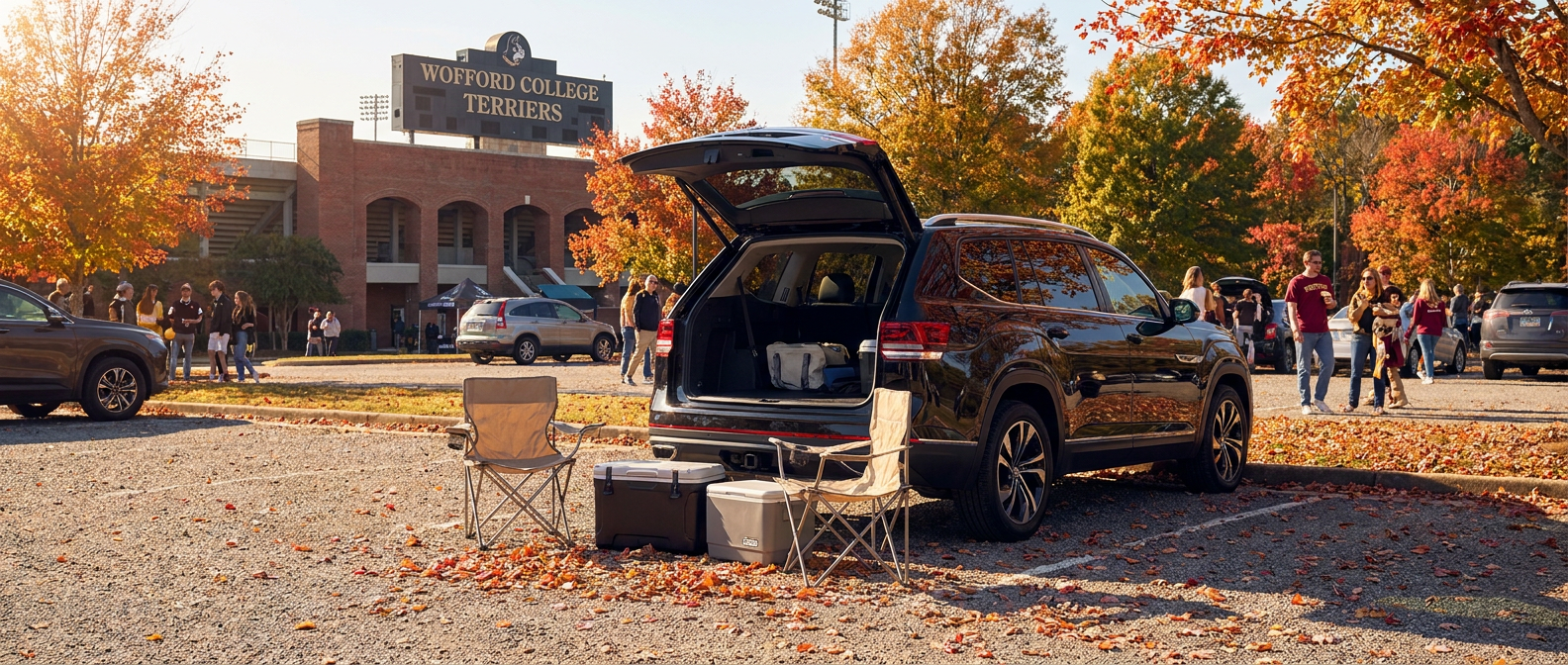 2026 Volkswagen Atlas with liftgate open at a Spartanburg autumn tailgate, showing rear cargo space loaded with gear