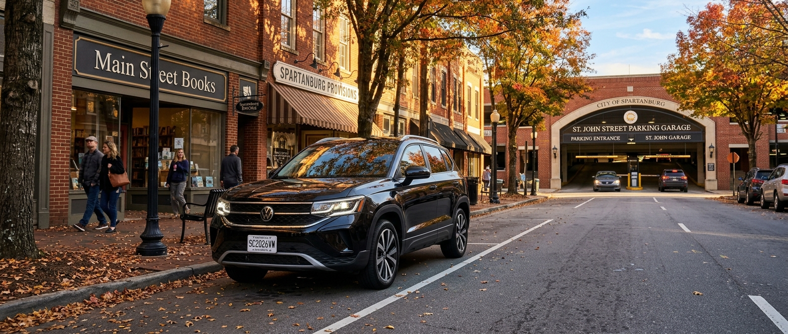 2026 Volkswagen Taos parked on a downtown Spartanburg street near a parking garage entrance