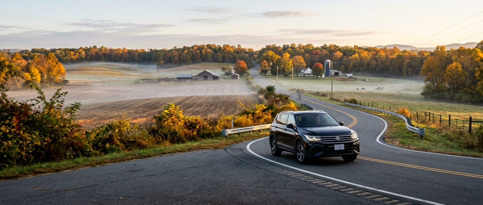2026 Volkswagen Tiguan on US-221 in Upstate South Carolina near Woodruff, autumn morning