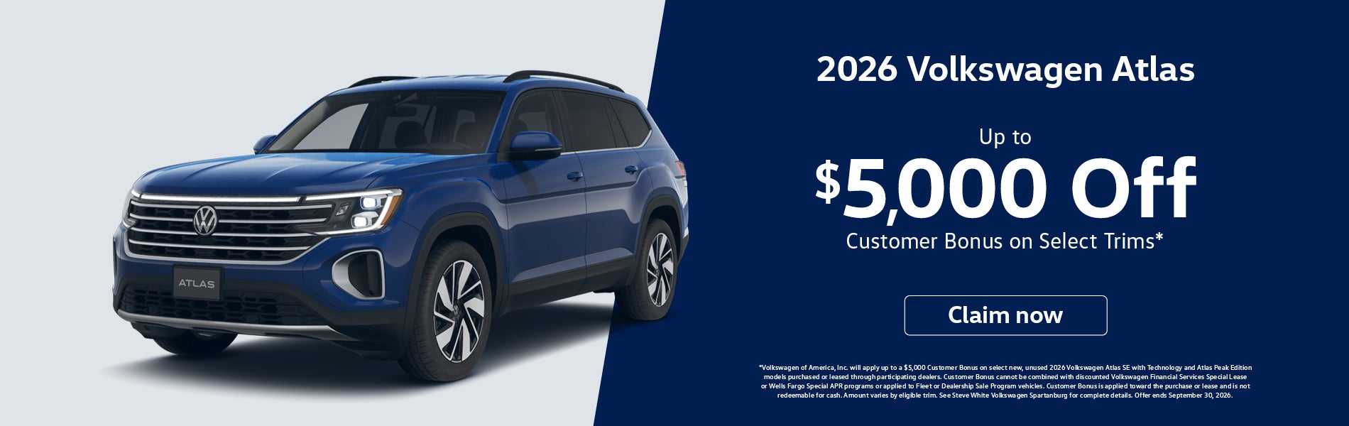 2026 Volkswagen Atlas Up to $5,000 Customer Bonus on Select