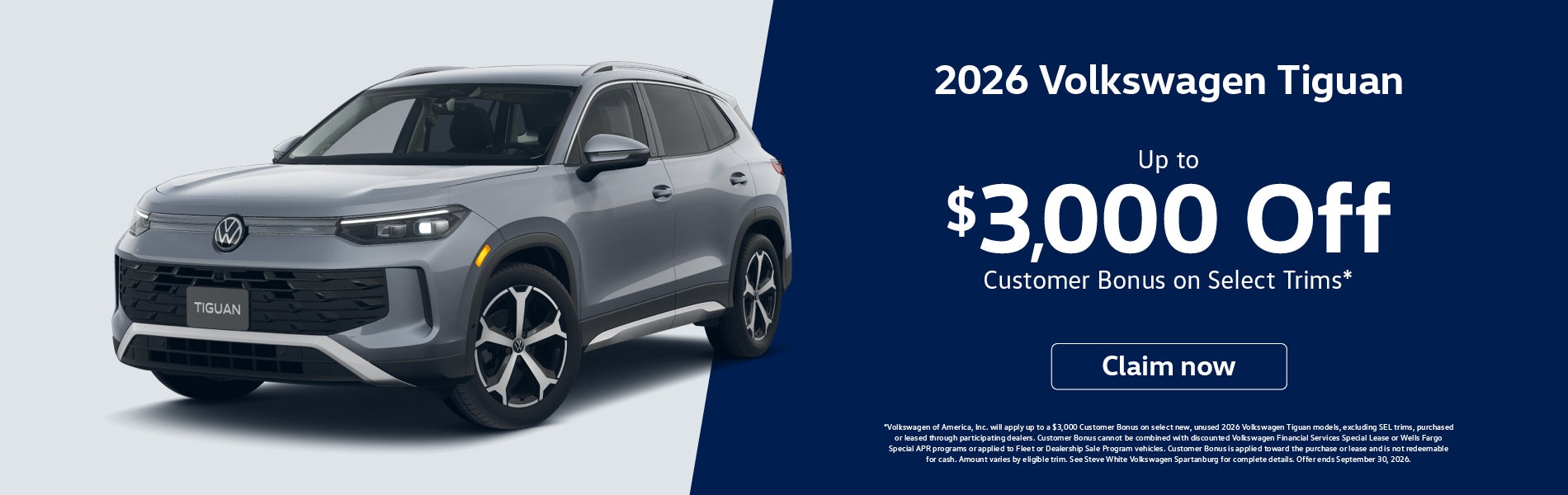 2026 Volkswagen Tiguan Up to $3,000 Customer Bonus on Selec