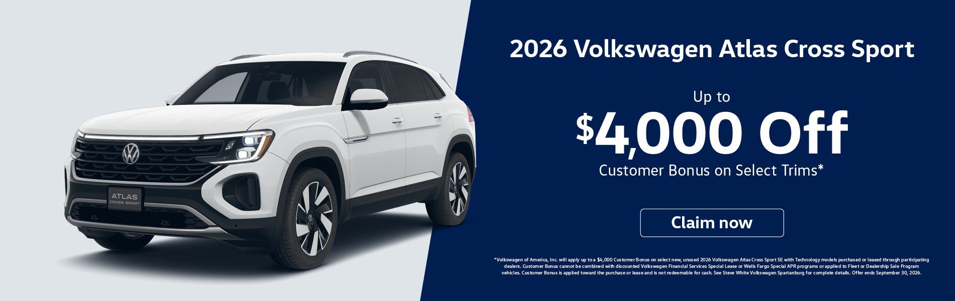 2026 Volkswagen Atlas Cross Sport Up to $4,000 Customer Bon