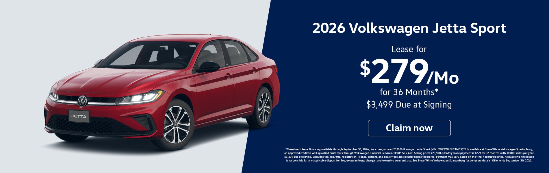 2026 Volkswagen Jetta Sport Lease for $279 per Month for 36