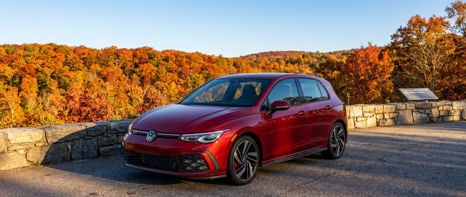 2026 Volkswagen Golf GTI on a Blue Ridge mountain overlook during peak October fall foliage near Asheville