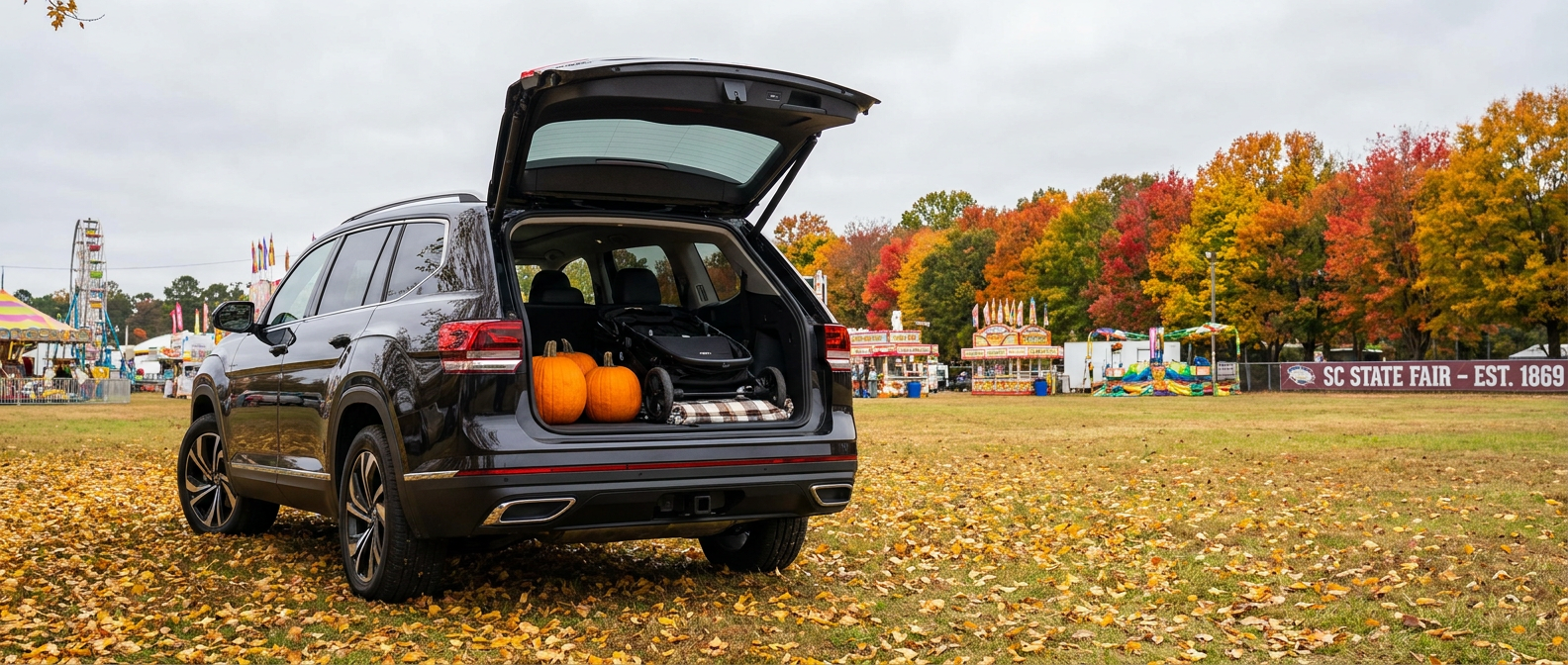 2026 Volkswagen Atlas rear cargo area open with pumpkins and festival gear at a Spartanburg County fall fairgrounds